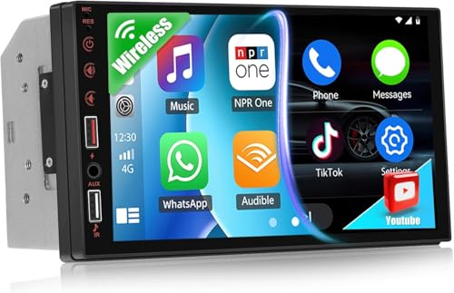 Auometo 2DIN カーステレオ 7インチIPSタッチスクリーン搭載 ワイヤレスCarPlay/Android Auto対応 Bluetooth内蔵 スマホミラーリング YOUTUBE視聴可能 18局FMチューナー バックカメラ接続 純正ハンドル操作対応 178×100mm (日本語と日本の周波数に対応)